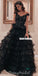 Black Lace Off Shoulder A-line Backless Tulle Prom Dresses, FC4216