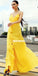 Yellow Spaghetti Straps Jersey Sexy Slit Backless Prom Dresses, FC4223