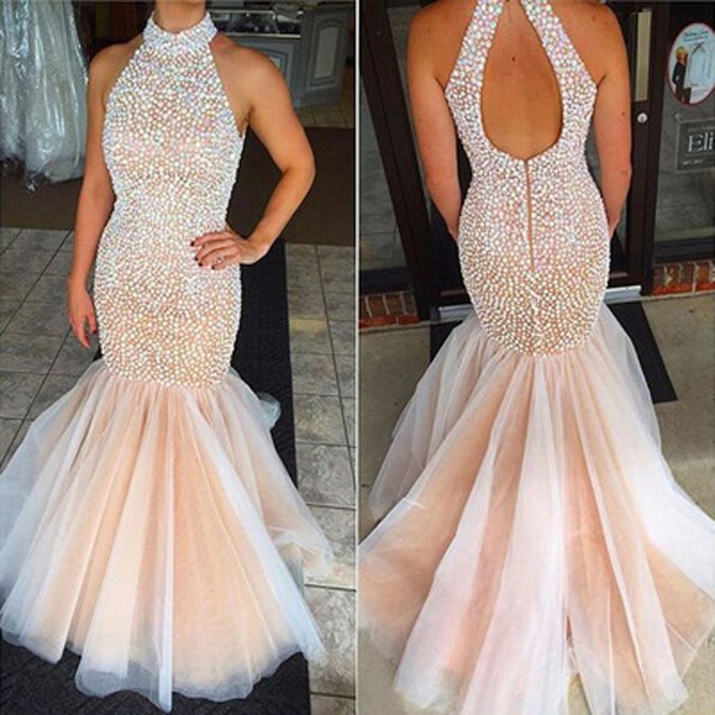 Long Prom Dresses, Tulle Prom Dresses, Sexy Party Prom Dresses, Halter Evening Dresses, Beading Prom Dresses , Open-Back Prom Dresses, Mermaid Prom Dress, LB0428