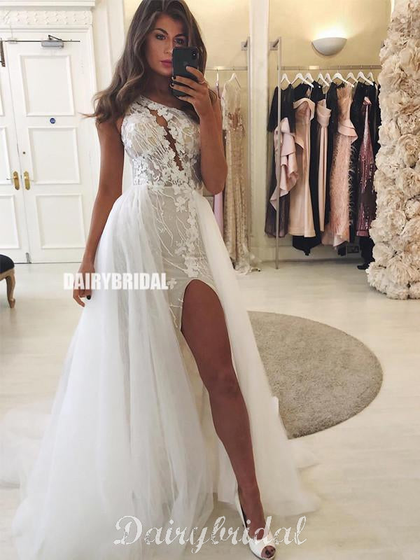 One Shoulder Mermaid Lace Sexy Slit Tulle Floor-length Wedding Dresses, FC4313