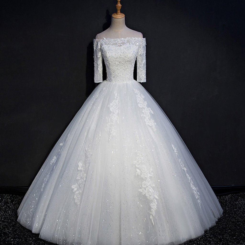 Long Wedding Dress, Off-Shoulder Wedding Dress, A-Line Bridal Dress, Applique Wedding Dress, Sequin Wedding Dress, Half-Sleeve Wedding Dress, LB0435