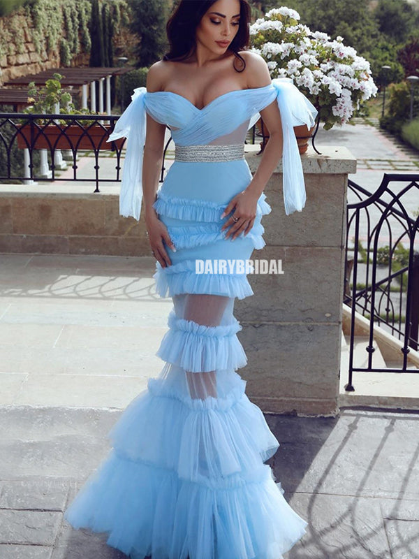 Newest Off Shoulder Tulle Mermaid Gorgeous Beaded Prom Dresses, FC4391
