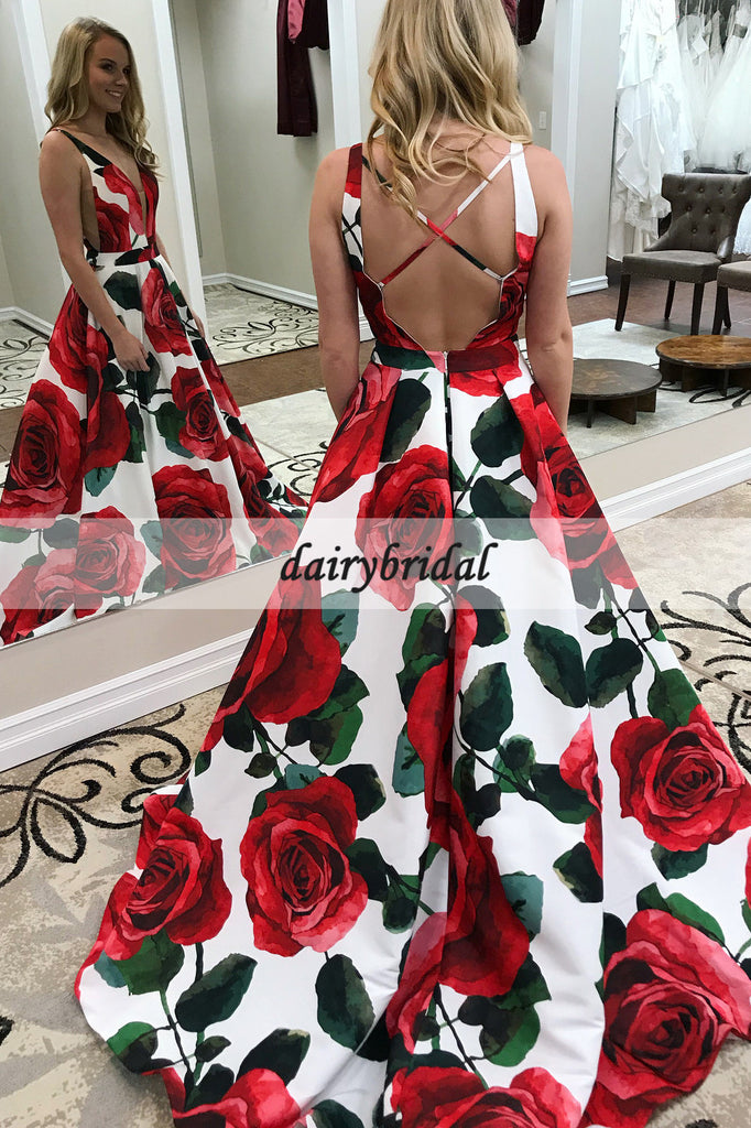 Unique Printed A-Line Prom Dresses, Charming Sleeveless Prom Dresses, D444
