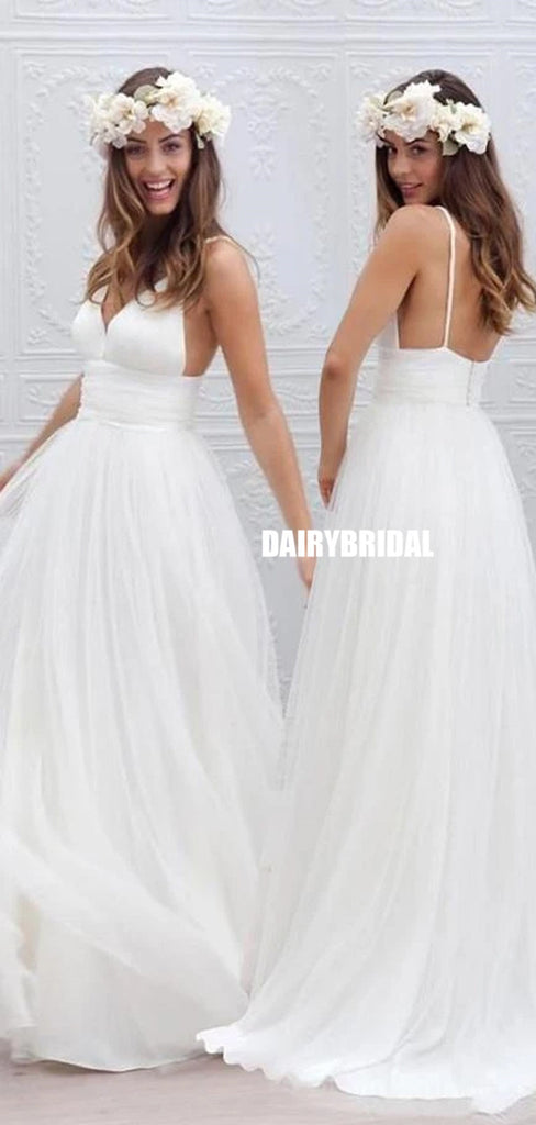 Long A-line Tulle Spaghetti Straps Beach Wedding Dress, Backless Deep V-Neck Wedding Dress, LB0447