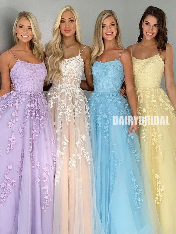 Strapghetti Straps A-line Lace Different Colors Cross Back Prom Dresses, FC4499