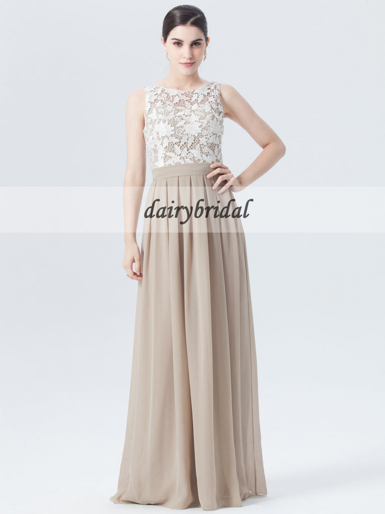 Lace Top Bridesmaid Dress, Chiffon Floor-Length Bridesmaid Dress, D458