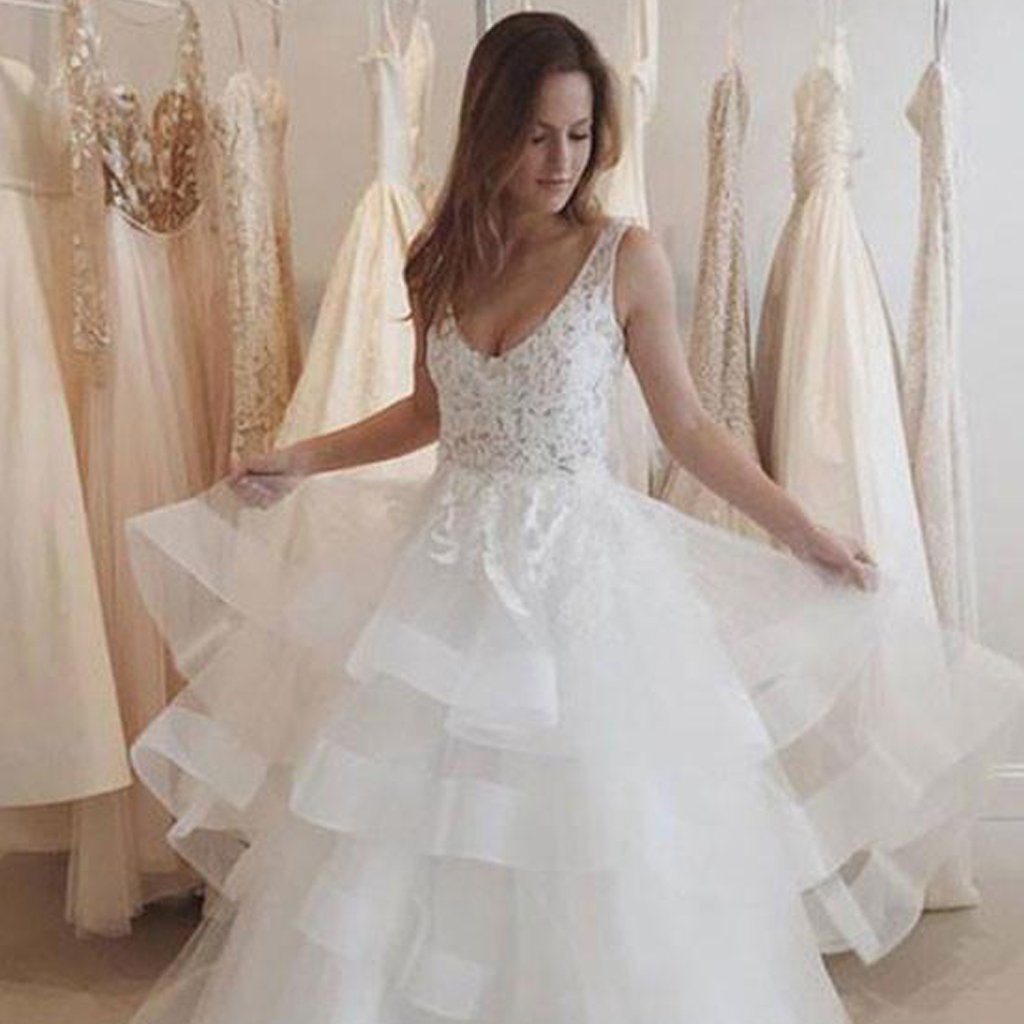 Lace A-Line Organza Wedding Dresses, V-Back Sleeveless Long Wedding Dresses, LB0459