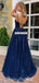 Navy A-line Tulle Cross Back Lace V-neck Sleeveless Prom Dress, FC4604