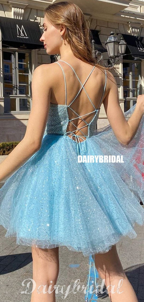 Sparkly A-line Backless Tulle Gorgeous Homecoming Dress, FC4614