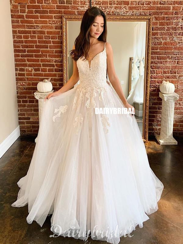 Gorgeous Spahetti Straps A-line Lace top Tulle Wedding Dress, FC4649