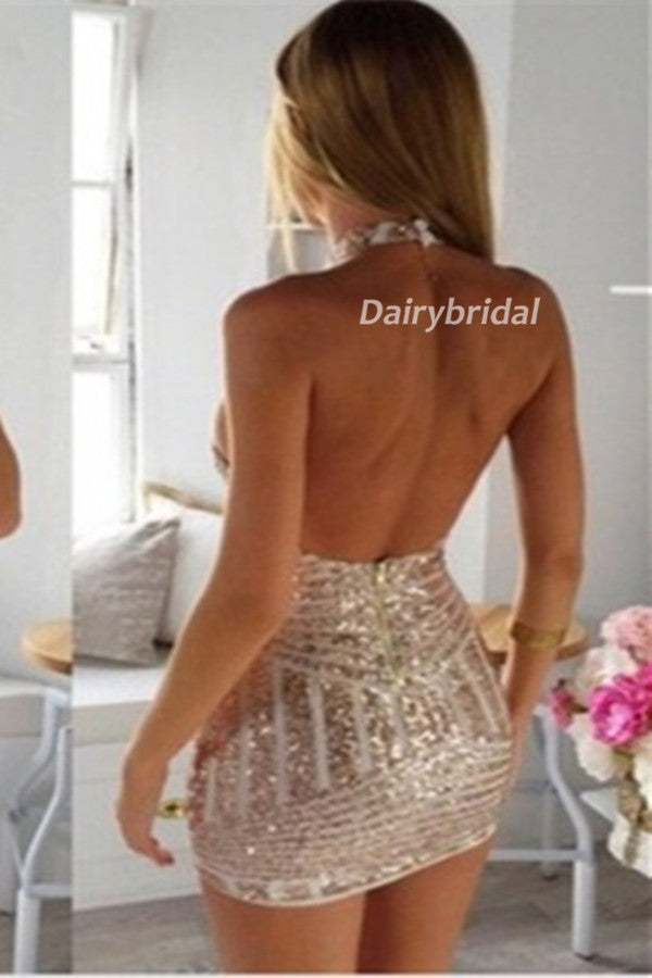 Mermaid Halter Backless Sparkle Homecoming Dress, Sexy Short Homecoming Dress, D465