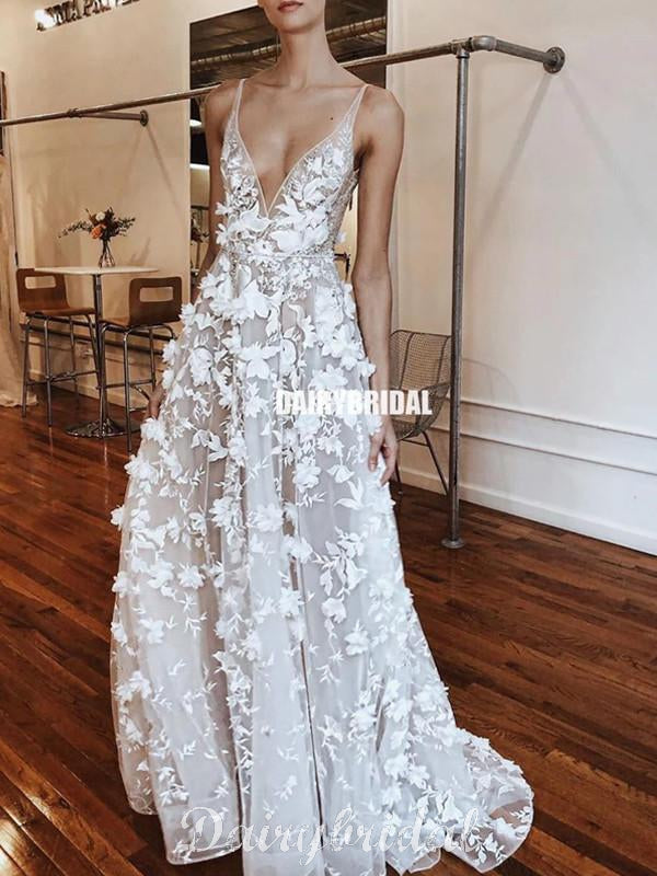Charming Lace Deep V-neck Sexy A-line Sleeveless Wedding Dress, FC4723