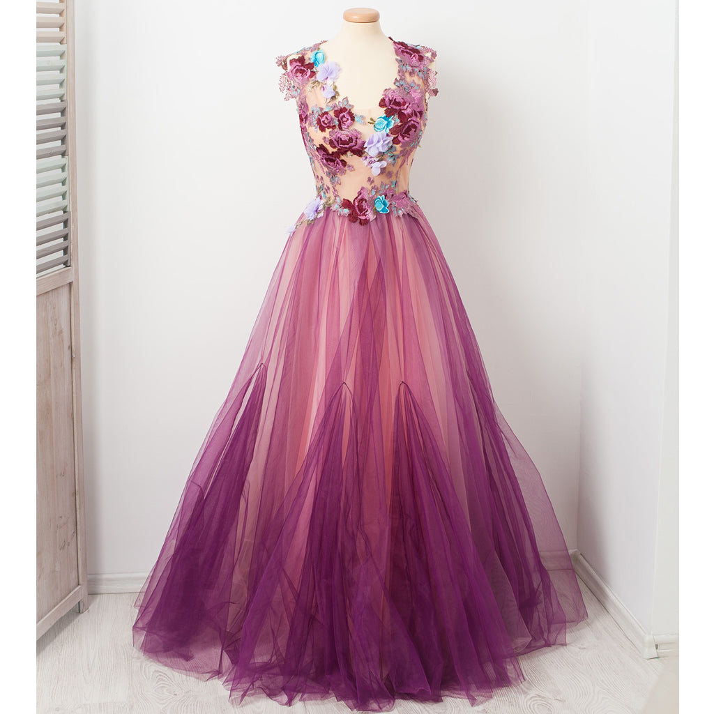 Charming Applique A-Line Prom Dress, Honeast Tulle Prom Dress, D474