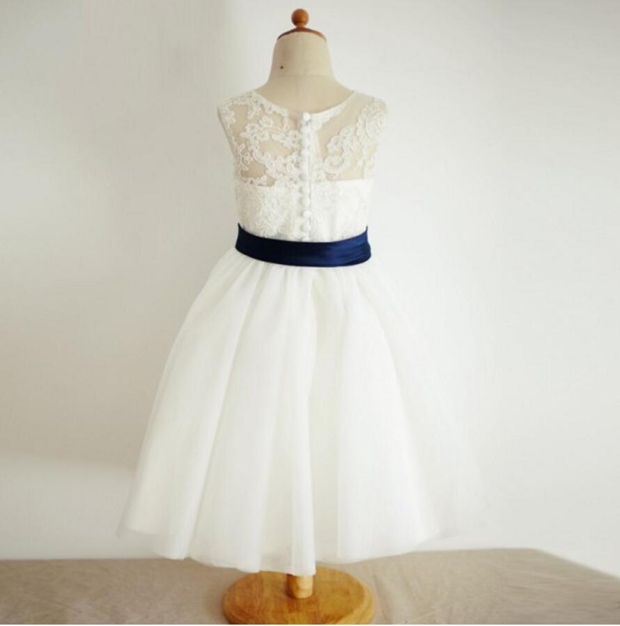 Illusion Lace Tulle Flower Girl Dresses with Navy Belt, Affordable Flower Girl Dresses, FG083