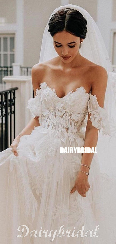 Off Shoulder Lace A-line Backless Tulle Long Wedding Dress, FC4855