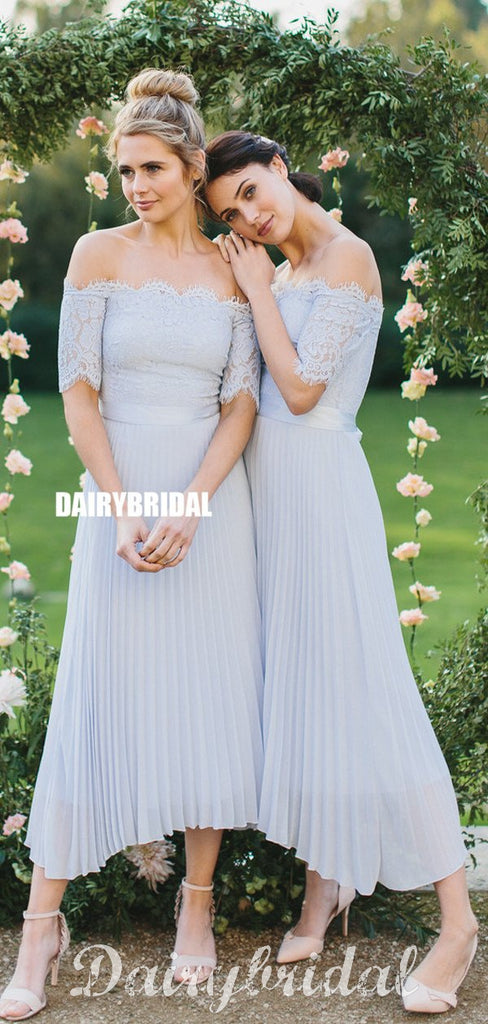 Charming Lace Top A-line Off Shoulder Half Sleeve Bridesmaid Dress, FC4904