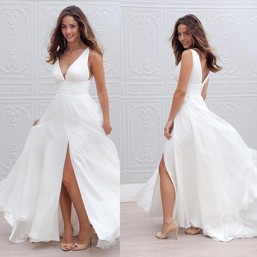Chiffon Deep V-Neck Bridal Dress, Sleeveless Side split V-Back Beach Wedding Dress, LB0500