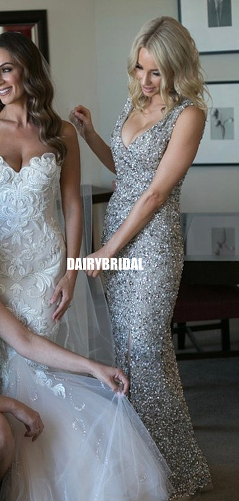 Sparkle Mermaid Sequin V-neck Sleeveless Bridesmaid Dress, FC5191