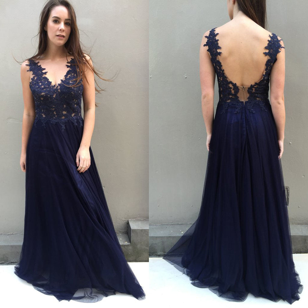 V-Neck Sleeveless Tulle Prom Dress, Backless Lace A-Line Prom Dress, D531