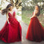 Red Deep V-Neck Lace Prom Dress, Tulle A-Line Applique Prom Dress, D533