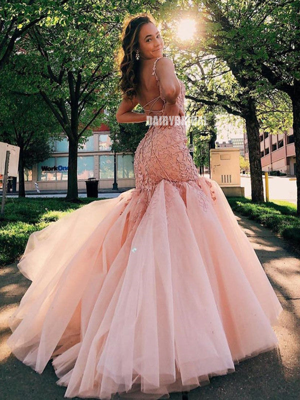 Charming Lace Mermaid Cross Back Tulle Long Prom Dress, FC5362