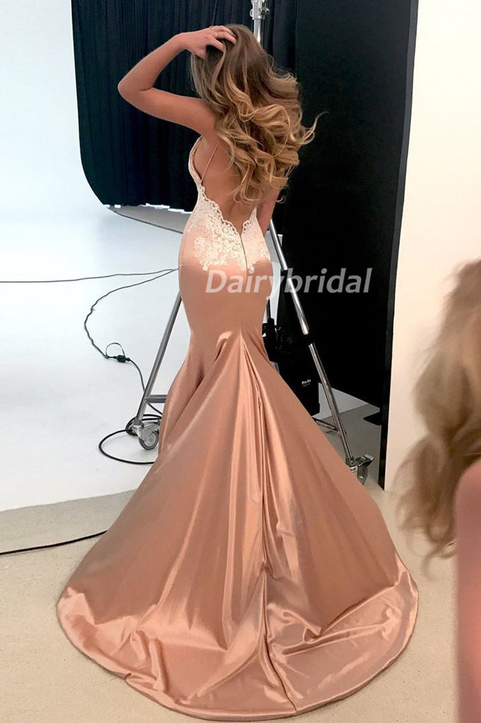 Sexy Mermaid Applique V-Neck Prom Dress, Spaghetti Straps Satin Prom Dress, D539