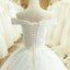A-Line Lace Off Shoulder Backless Applique Sequin Beautiful Wedding Dresses with Chapel Train,220054