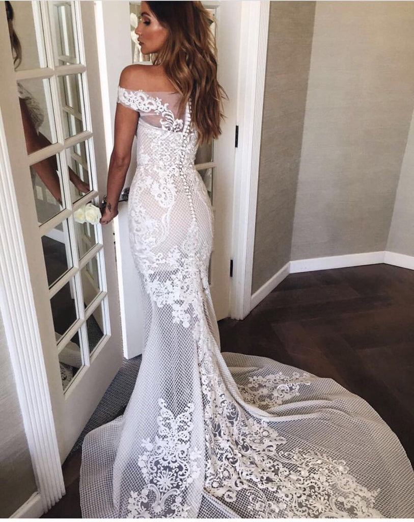 Lace Off Shoulder Sexy Tulle Mermaid Wedding Dress, LB0548