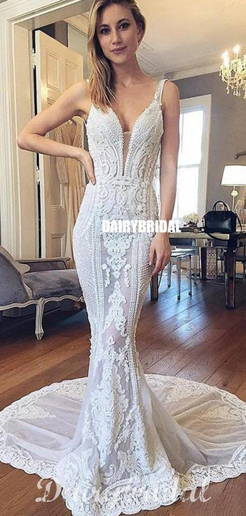 Lace See Through Backless Wedding Dress, V-Neck Sexy Wedding Dress, LB0575