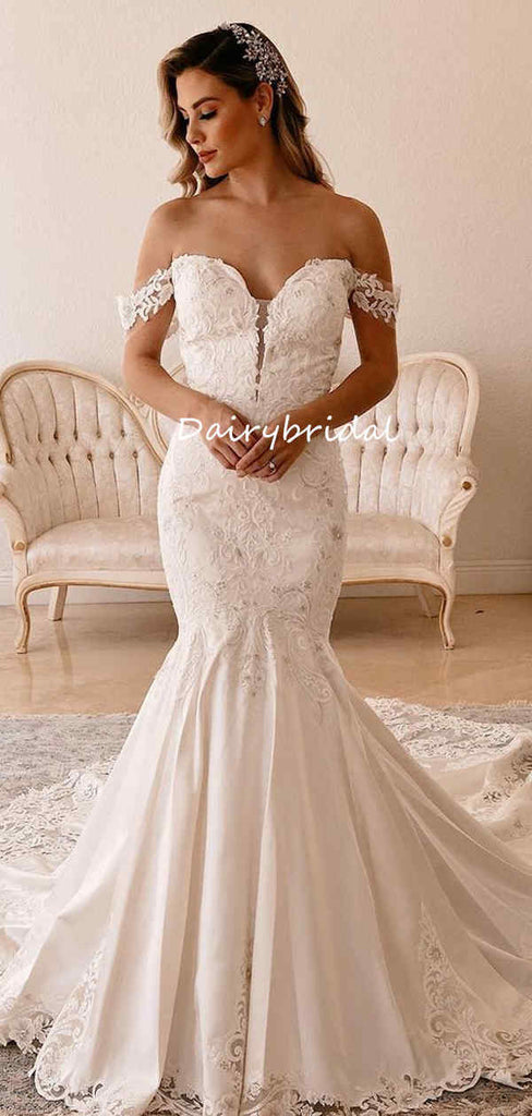Off Shoulder Sexy Mermaid Backless Lace Long Wedding Dresses, FC5796