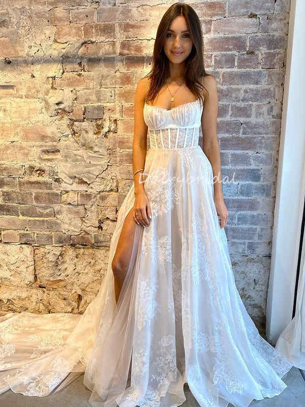 Elegant Spaghetti Straps Lace Backless Slit Wedding Dresses, FC5867