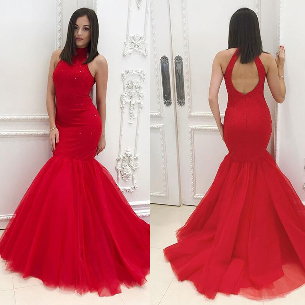 Red Mermaid Bead Prom Dresses, Sexy Open-Back Tulle  Prom Dresses, D616