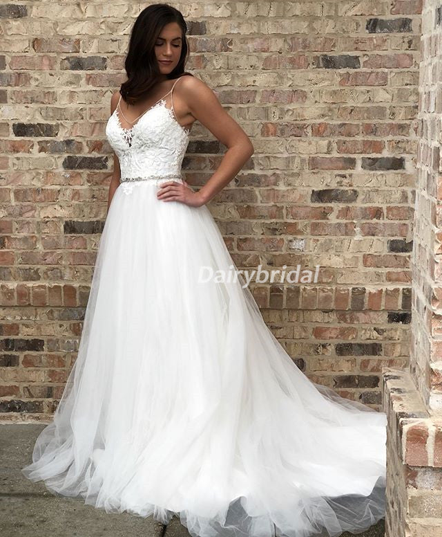 Spaghetti Straps Lace Tulle Wedding Dress, Charming Beaded V-Back Wedding Dress, D619