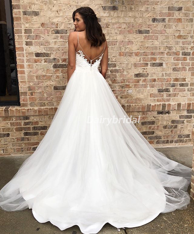 Spaghetti Straps Lace Tulle Wedding Dress, Charming Beaded V-Back Wedding Dress, D619