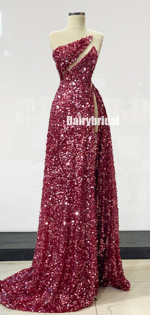 Gorgeous A-line Sequin Sexy High Slit Sparkle Prom Dresses, FC6245
