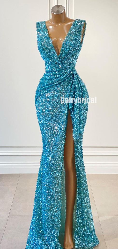 Sexy Deep V-neck Mermaid Sequin Side Split Prom Dresses, FC6268