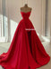 Red Charming A-line Satin Pleated Lace Long Prom Dresses, FC6269