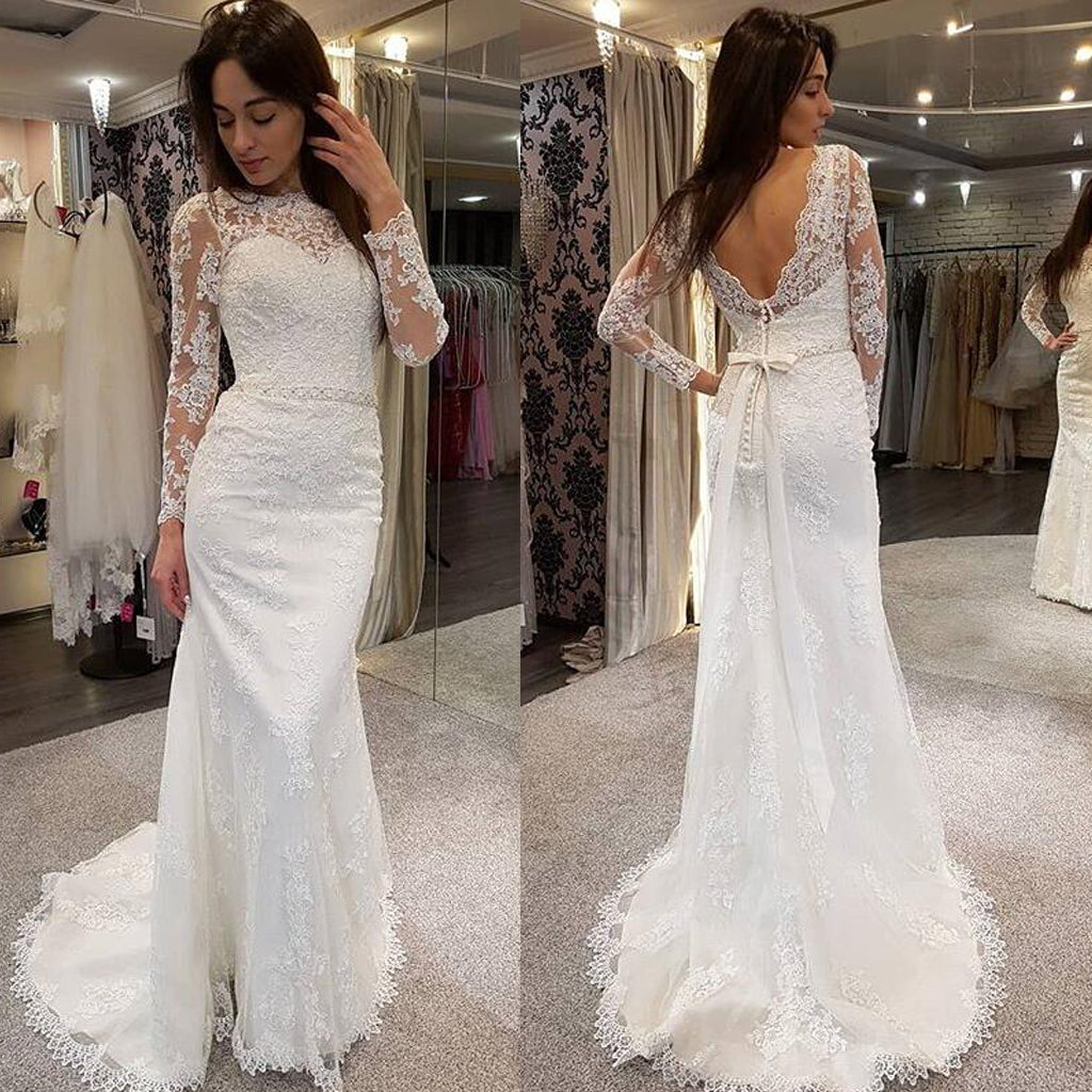 Charming Long Sleeve Lace Wedding Dress, Applique Mermaid V-Back Wedding Dress, D637