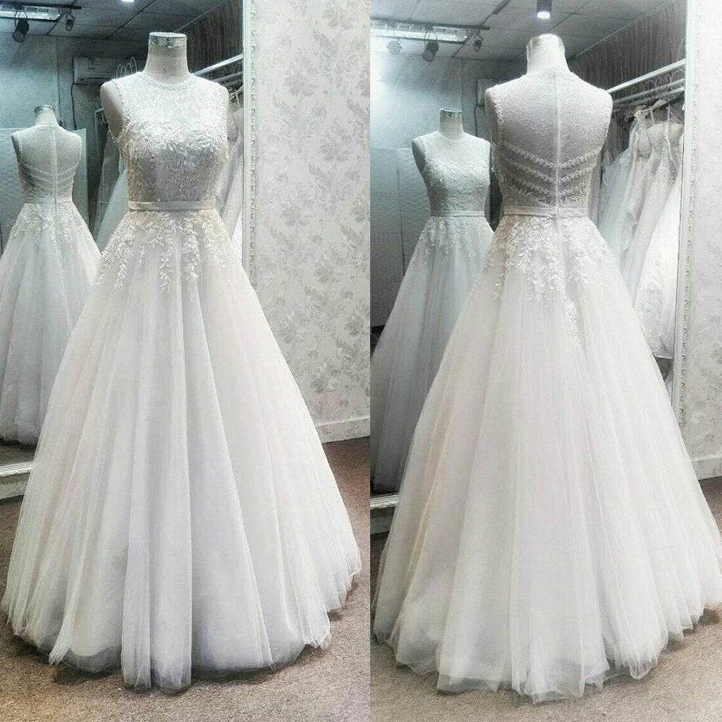 Unique Beaded Mixed Lace See Through Charming Applique Long Wedding Dress, WG642