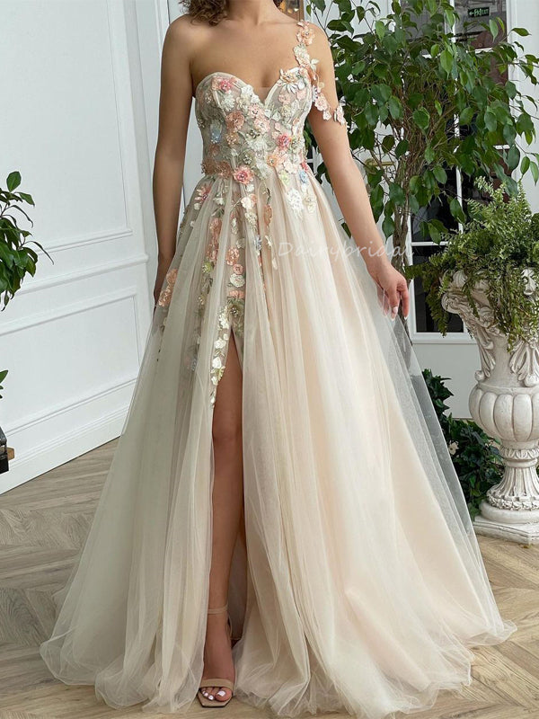 Stunning One-shoulder Lace A-line Tulle Prom Dresses, FC6520