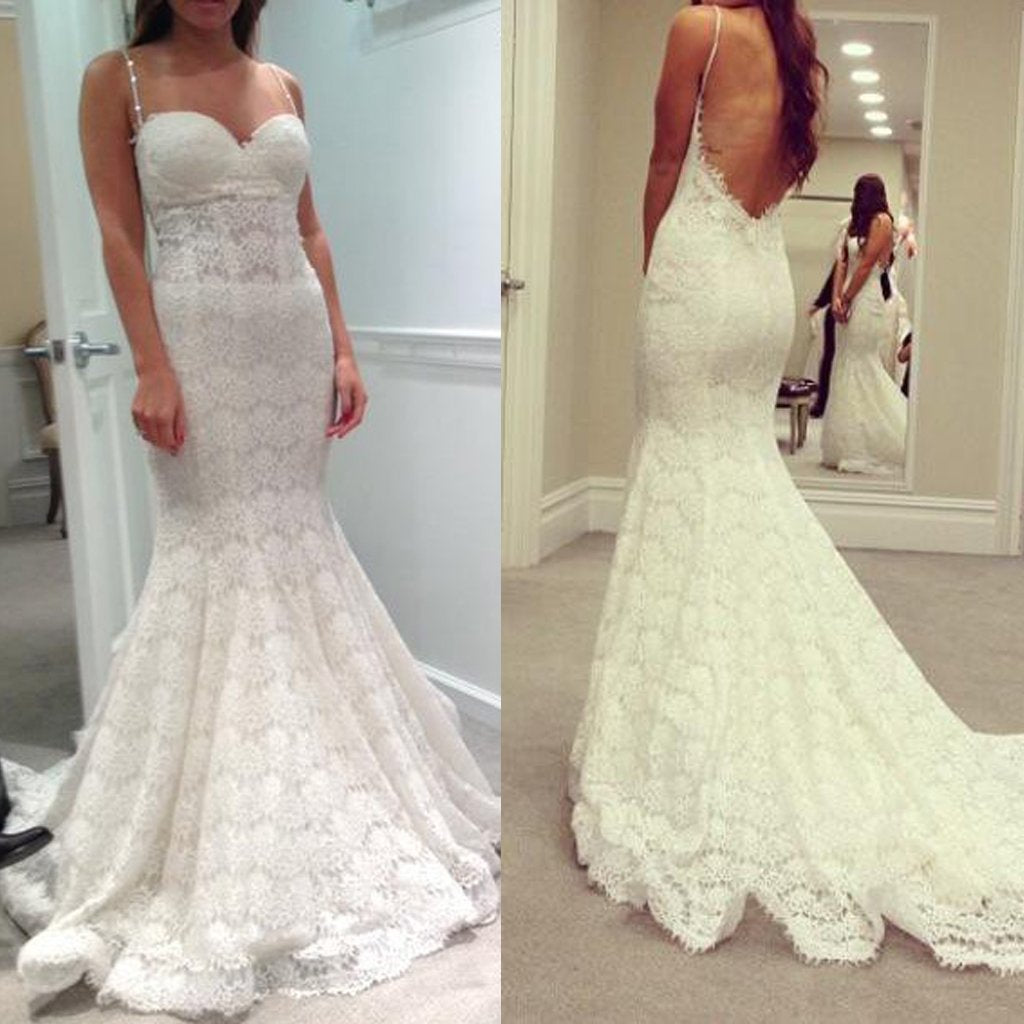 Long Wedding Dress, Spaghetti Straps Wedding Dress, Lace Wedding Dress, Sexy Bridal Dress, Mermaid Wedding Dress, Backless Wedding Dress, LB0680
