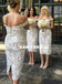 Off Shoulder Lace Tea-Length Bridesmaid Dress, Backless Mermaid Slit Bridesmaid Dress, D696