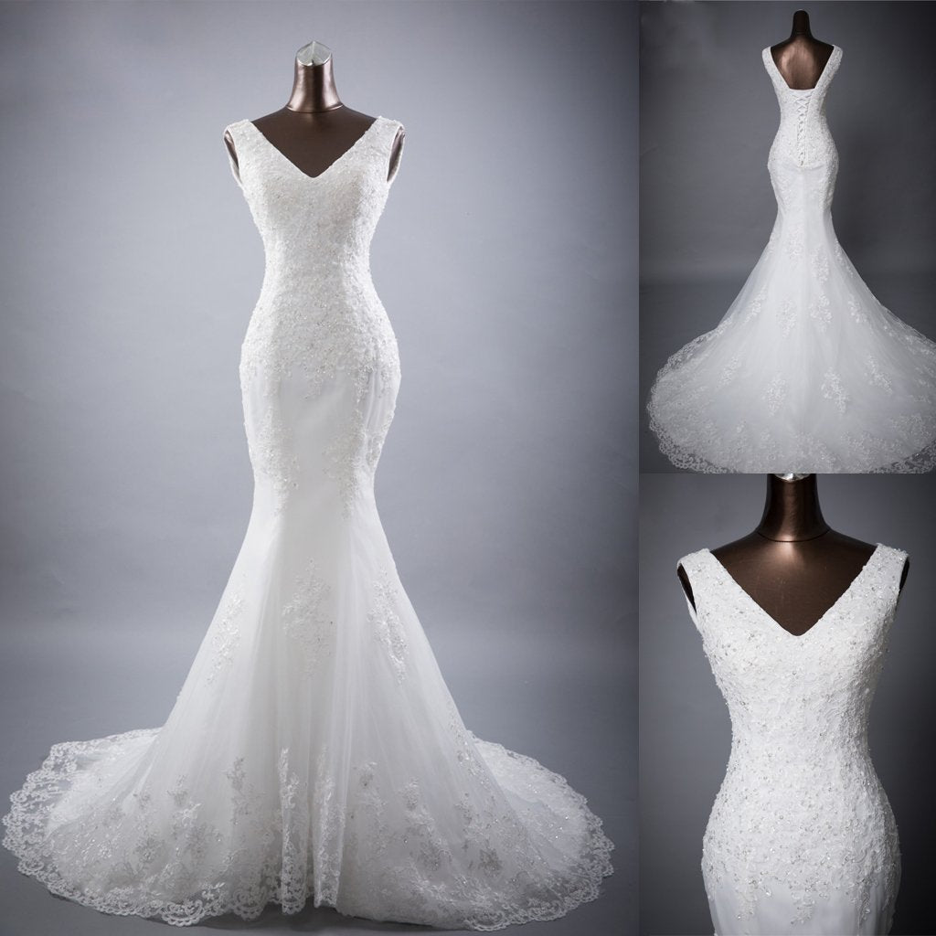 Long Wedding Dress, Lace Wedding Dress, Sleeveless Wedding Dress, Sexy V-Neck Bridal Dress, Sequin Wedding Dress, Applique Wedding Dress, Mermaid Dress, LB0696