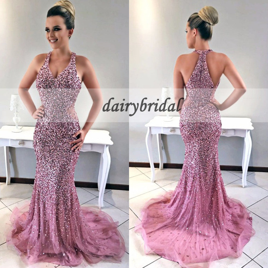 Pink V-Neck Tulle Prom Dress, Mermaid Beaded Sexy Prom Dress, D69