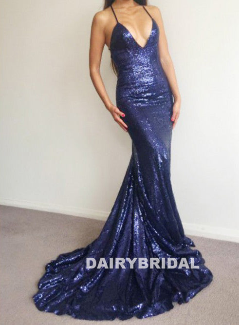 Spaghetti Straps V-Neck Sequin Sexy Backless Mermaid Prom Dress, D724