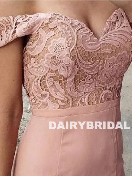 Honest Off Shoulder Bridesmaid Dress, Pink Lace Mermaid Bridesmaid Dress, D740