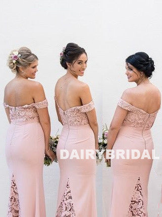 Honest Off Shoulder Bridesmaid Dress, Pink Lace Mermaid Bridesmaid Dress, D740