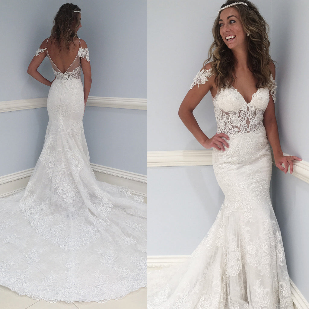 Mermaid Lace V-Neck Wedding Dress, V-Back Tulle Wedding Dress, D748