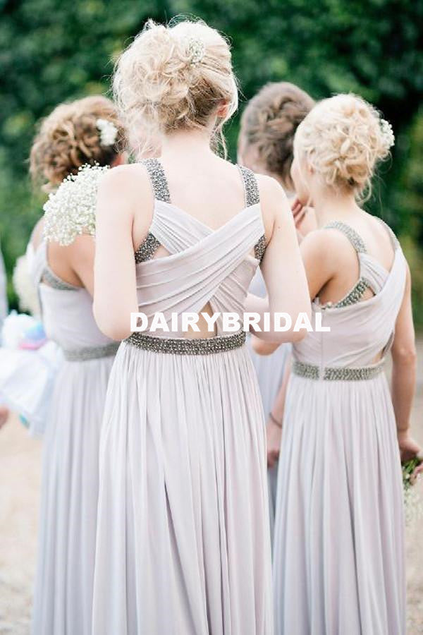 Long A-Line Chiffon Bridesmaid Dress, Sleeveless Beaded Bridesmaid Dress, D806