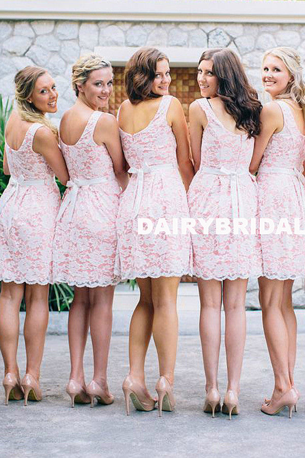 Short Lace Bridesmaid Dress, Simple Pink Knee-Length Bridesmaid Dress, D814